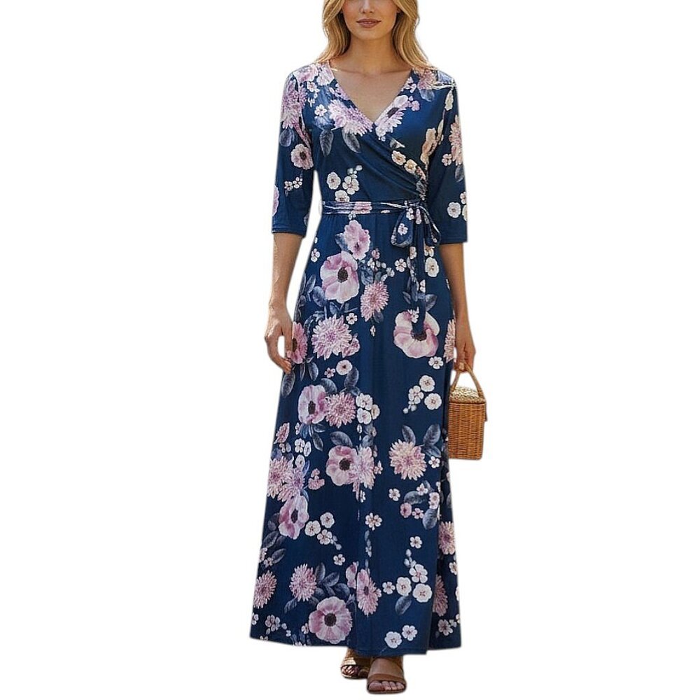 Women's Floral Wrap V Neck Maxi Dress Tie Waist Blue 1/2 Sleeves Size M - Picture 1 of 7